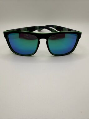 Men's Black Sunglasses with Green Trim and Blue Mirrored Lenses